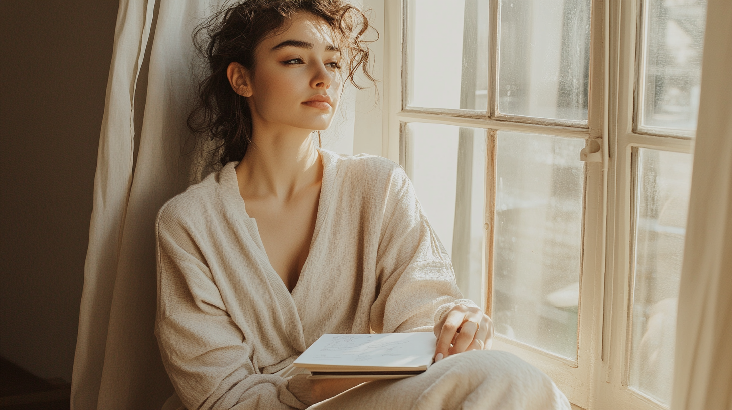 A woman in a light robe sits by a window holding a notebook, gazing thoughtfully outside as soft natural light illuminates her face—reflecting on rest vs hustle culture and the balance it brings to her life.