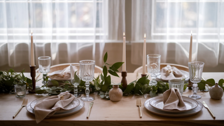 A serene morning scene with golden sunlight streaming through sheer curtains onto a beautifully arranged breakfast tray holding a French press, linen napkin, and single fresh flower in a bud vase. The scene conveys affordable luxury through thoughtful presentation rather than expensive items. --ar 16:9