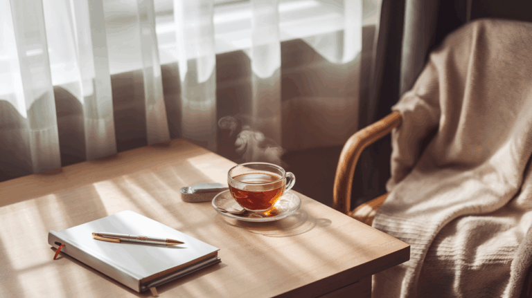 Picture This: A serene morning scene with soft natural light streaming through sheer curtains onto a wooden desk with a journal, elegant pen, and steaming cup of tea. A comfortable chair draped with a soft neutral throw blanket sits nearby. The scene evokes a sense of intentional pause and reflection—the perfect setting for beginning a life realignment practice.