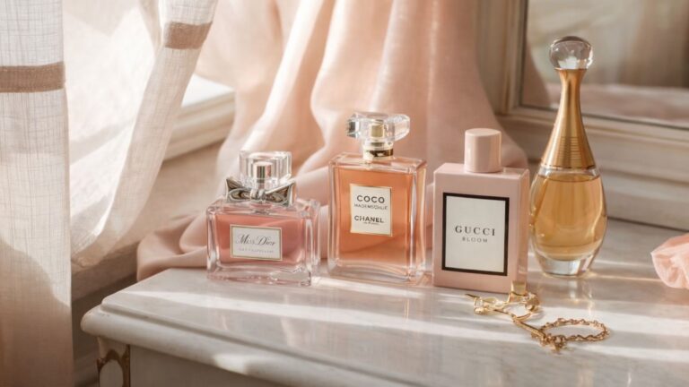 Four perfume bottles—Miss Dior, Chanel Coco Mademoiselle, Gucci Bloom, and Dior J’adore—are arranged on a marble vanity beside a gold bracelet, capturing the essence of signature scent psychology in soft natural light through pink curtains.