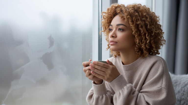 A woman with curly hair sits by a window, holding a mug in both hands and gazing thoughtfully outside. The window is foggy, and she wears a beige sweater, appearing calm and contemplative.